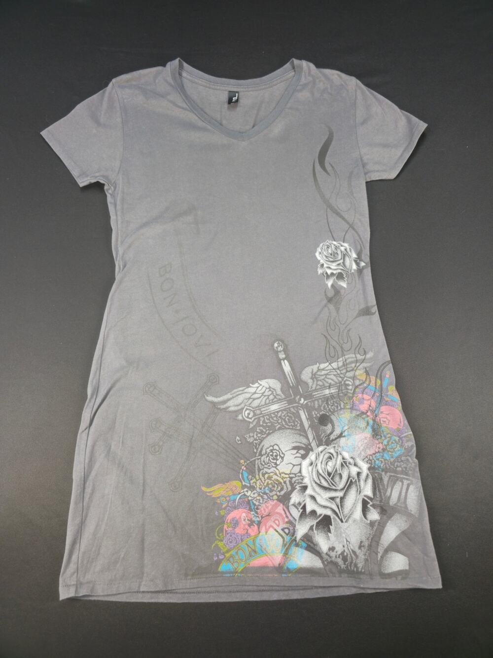 Bon Jovi Graphic V Neck T Shirt Womens XL Gray Rock Band Roses Skulls Tee
